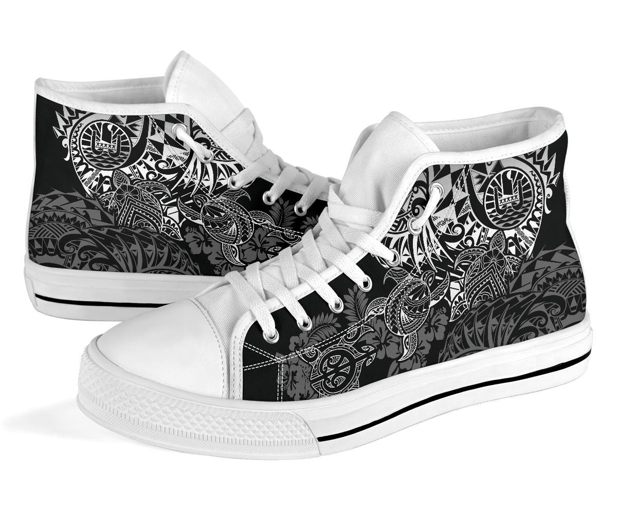 Tahiti Polynesian High Top Shoes - White Turtle Hibiscus Flowing - Polynesian Pride