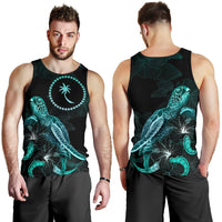Chuuk Polynesian Men Tank Top - Turtle With Blooming Hibiscus Tuquoise - Polynesian Pride