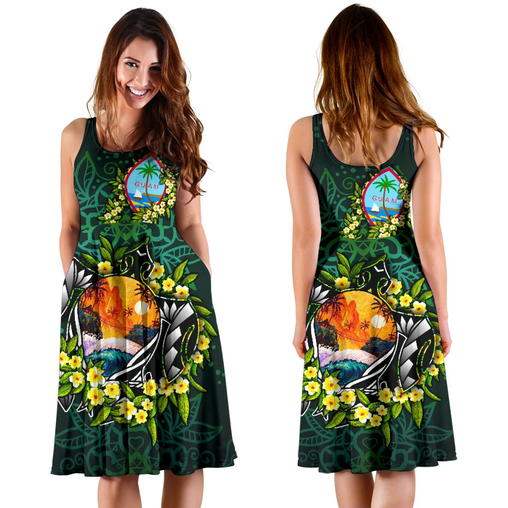 Guam Polynesian Midi Dress - Ti Leaf Lei Turtle - Polynesian Pride