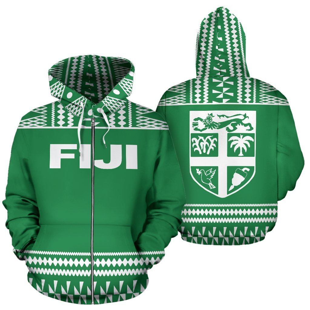 Fiji Tapa All Over Zip up Hoodie Green and White Version Unisex Green And White - Polynesian Pride