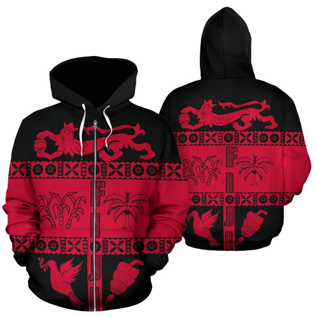 Fiji Tapa Zip Hoodie Fiji Red Coat of Arms Unisex Red - Polynesian Pride