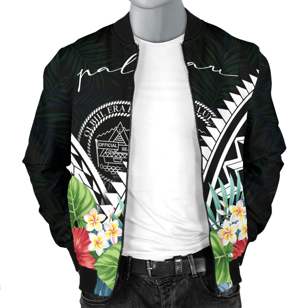 Palau Men's Bomber Jacket - Palau Caledonia Coat of Arms & Polynesian Tropical Flowers White - Polynesian Pride