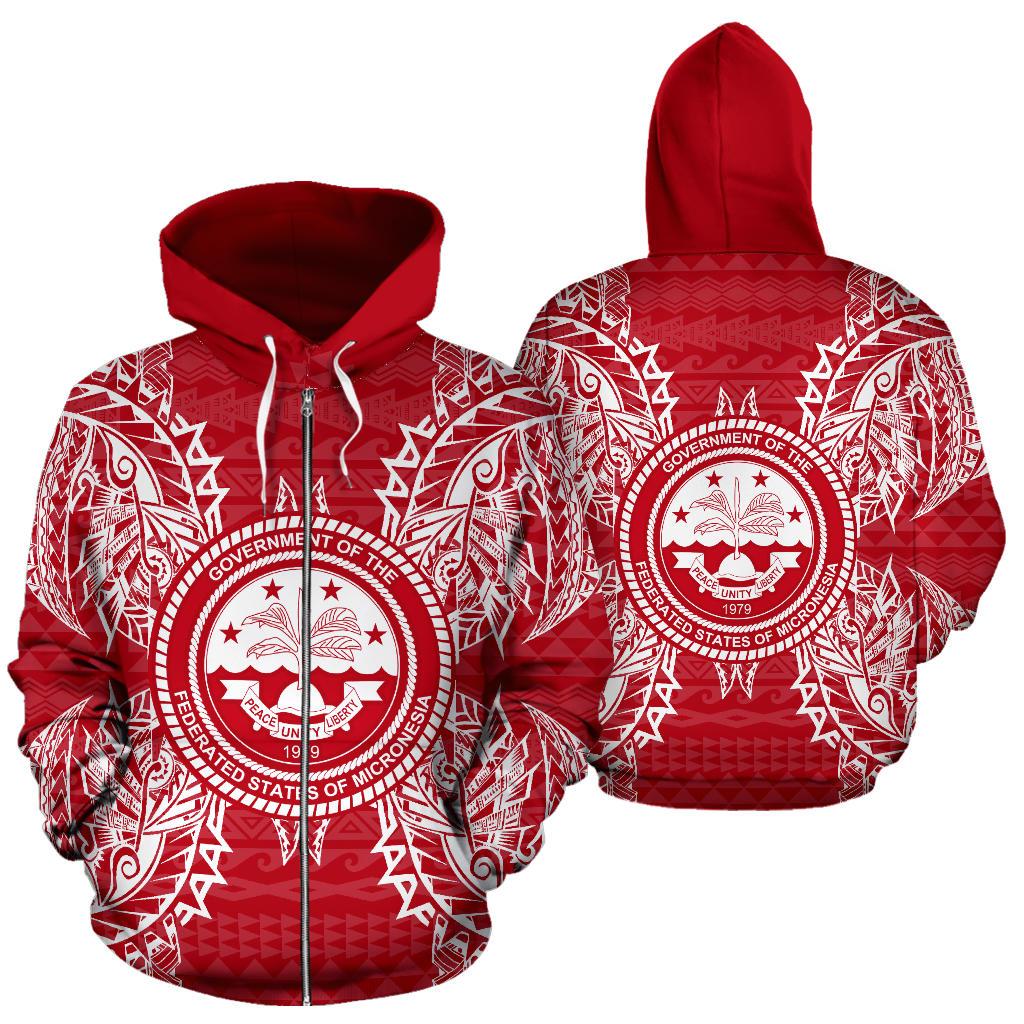 Federated States of Micronesian All Over Zip up Hoodie Map Red White Unisex Red - Polynesian Pride