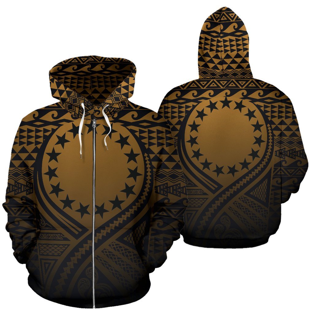 Cook Islands All Over Zip up Hoodie Lift up Gold Unisex Gold - Polynesian Pride