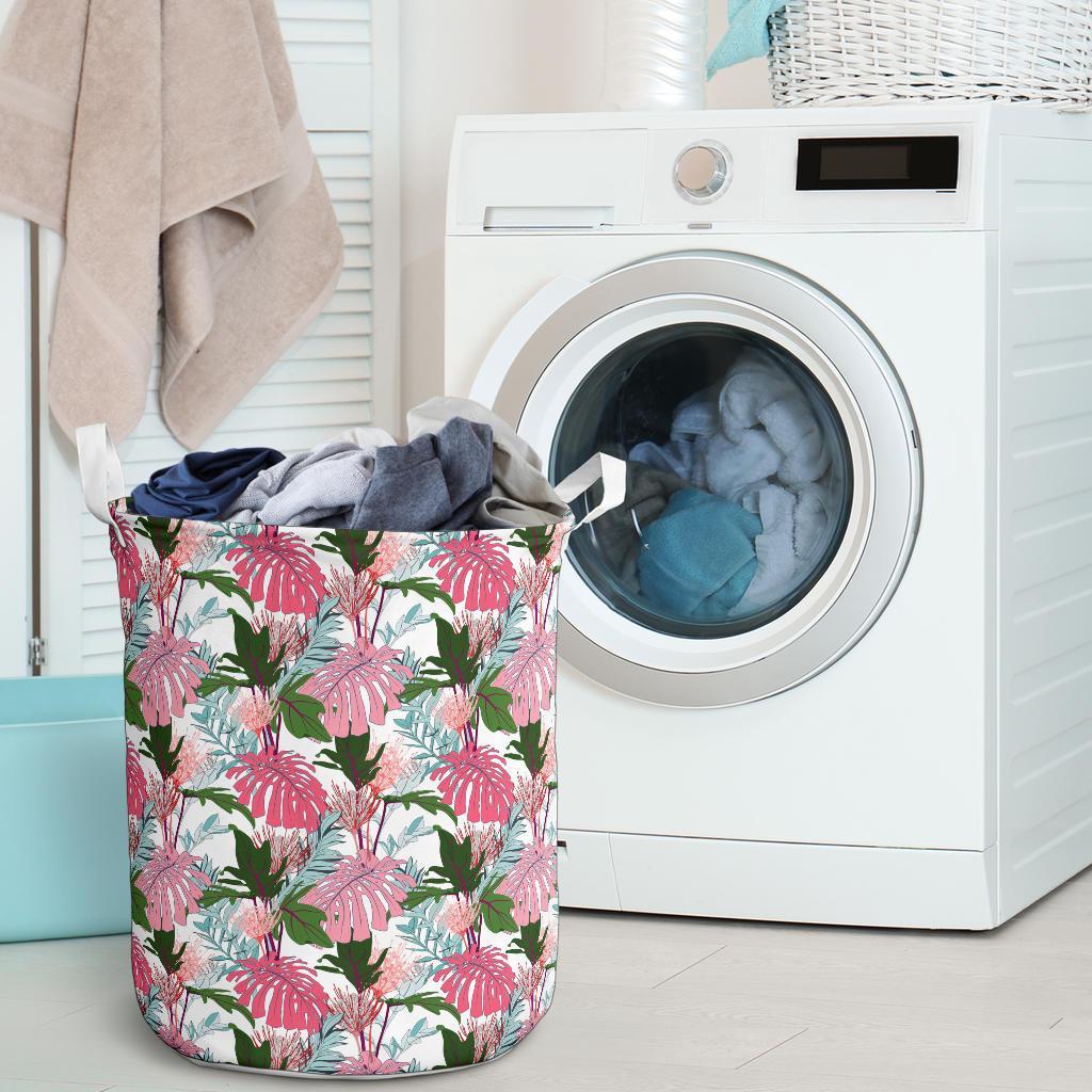 Pink Monstera And Green Tropical Leaves White Hawaii Laundry Basket AH - Polynesian Pride