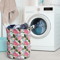 Pink Monstera And Green Tropical Leaves White Hawaii Laundry Basket AH - Polynesian Pride
