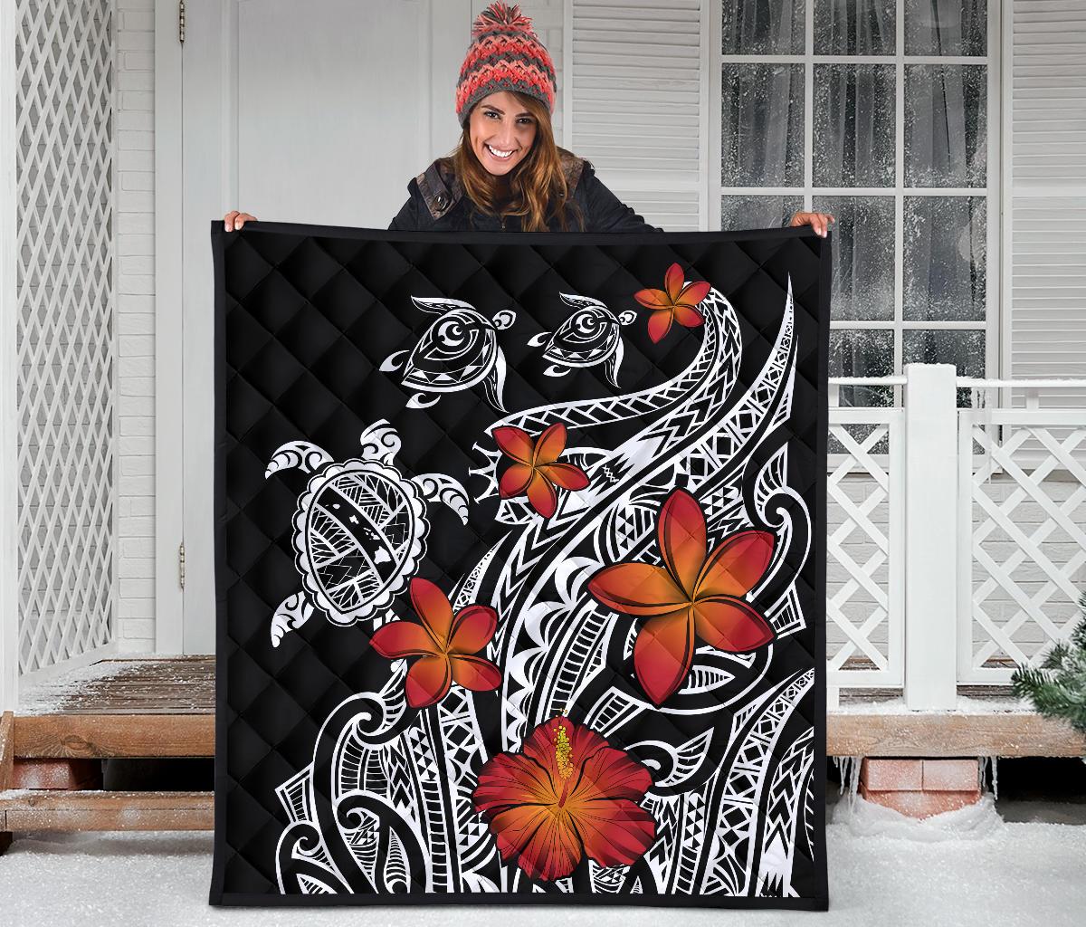 Hawaiian Map Turtle Swim Plumeria Polynesian Quilt - Polynesian Pride