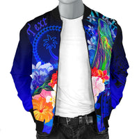 Custom Personalised Chuuk Men's Bomber Jacket - Humpback Whale with Tropical Flowers (Blue) - Polynesian Pride