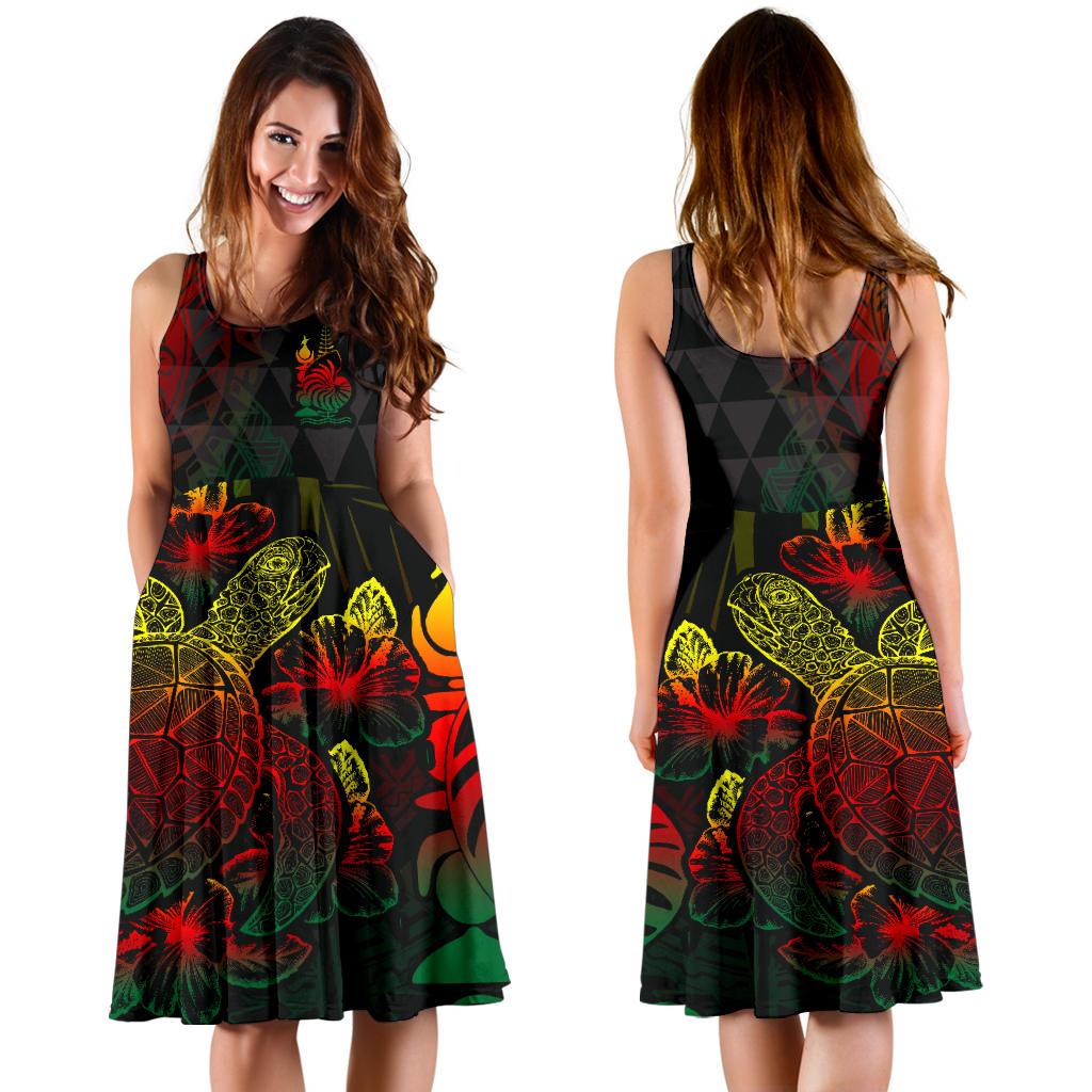 New Caledonia Polynesian Midi Dress - Turtle Hibiscus Reggae - Polynesian Pride