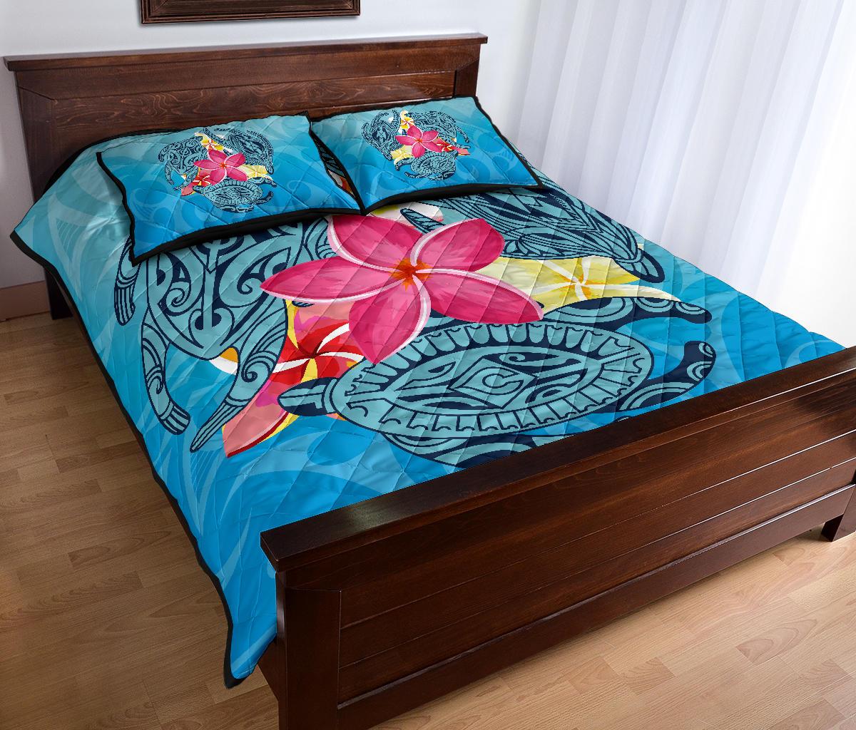 Hawaii Plumeria Deep Sea Circle Turtle Quilt Bed Set - Polynesian Pride