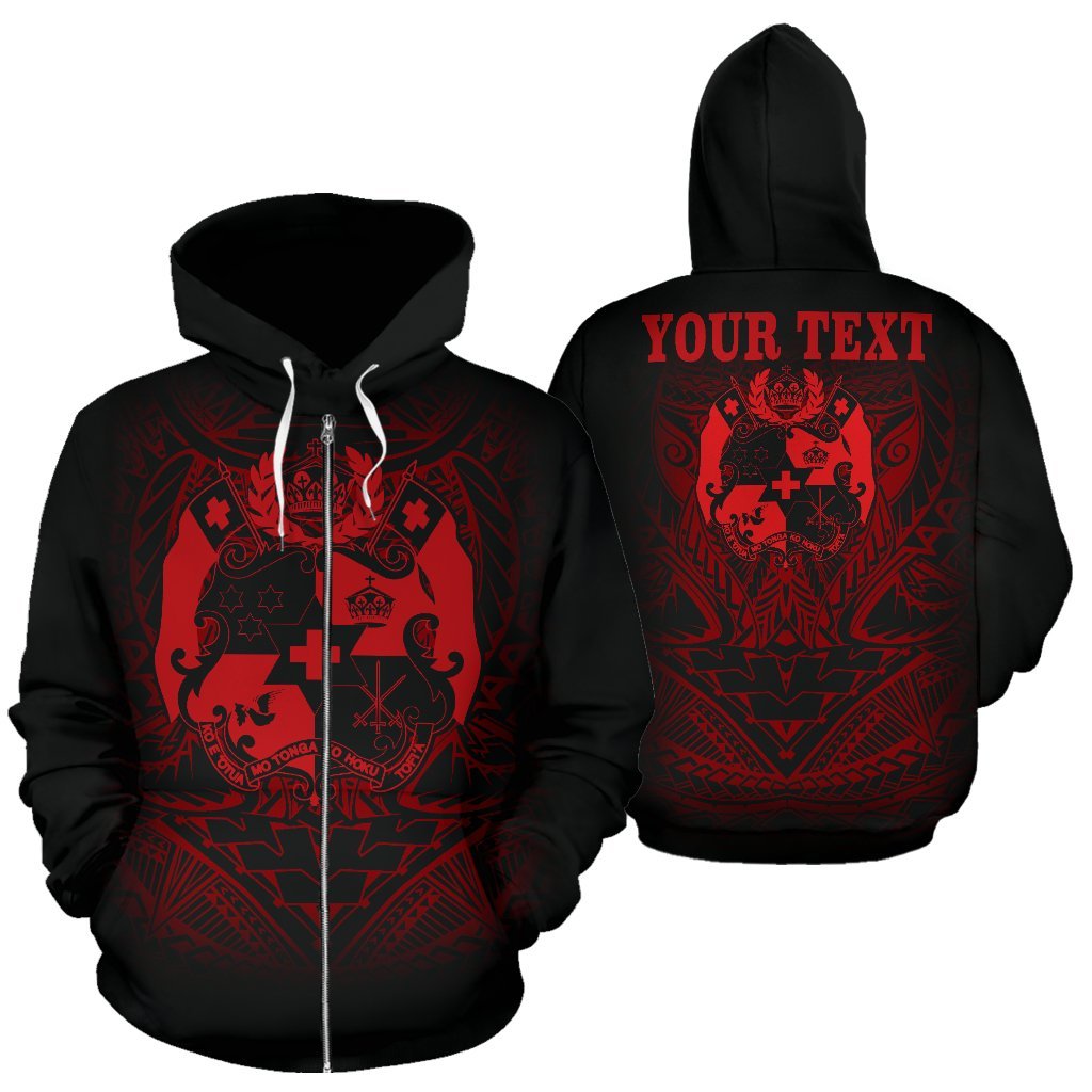 Tonga Polynesian All Over Custom Zip up Hoodie Red Tribal Pattern Unisex Black - Red - Polynesian Pride