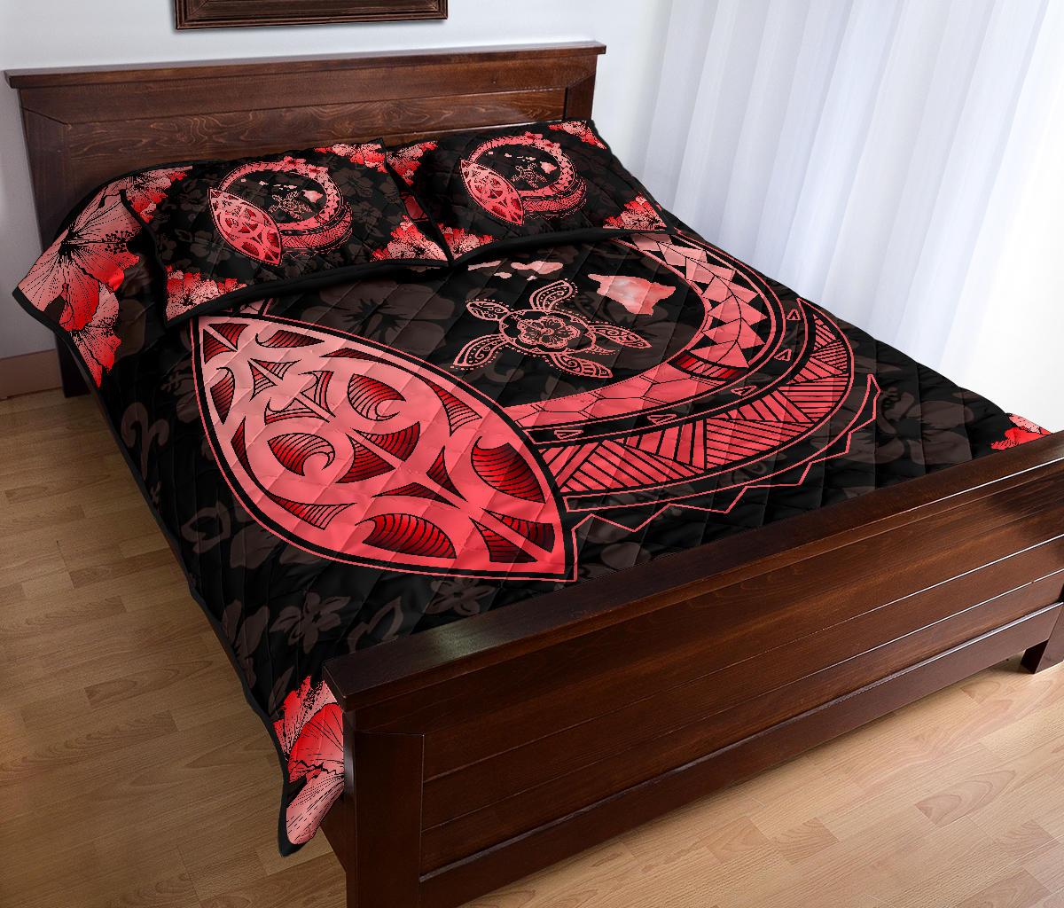 Hawaii Quilt Bed Set - Hawaii Hibiscus Map Polynesian Quilt Bed Set Red - Polynesian Pride