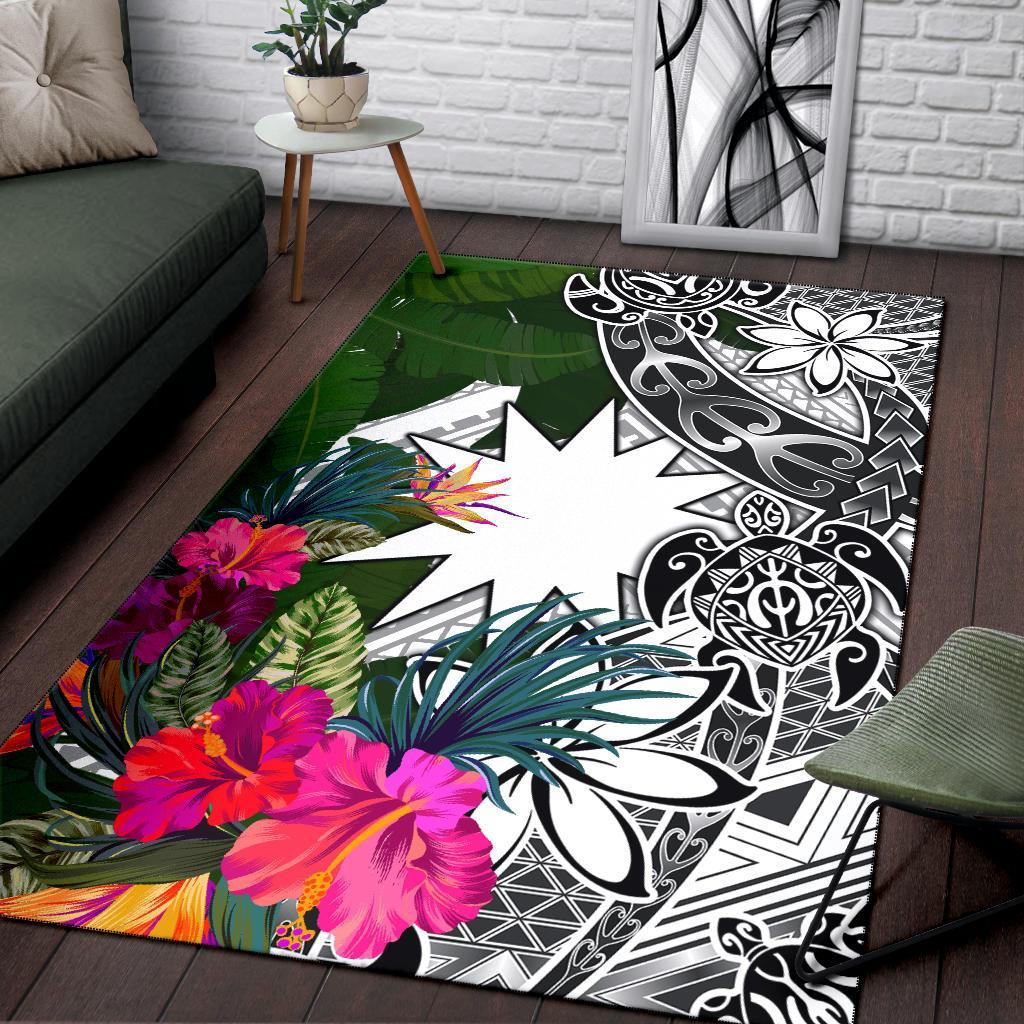Nauru Area Rug White - Turtle Plumeria Banana Leaf White - Polynesian Pride