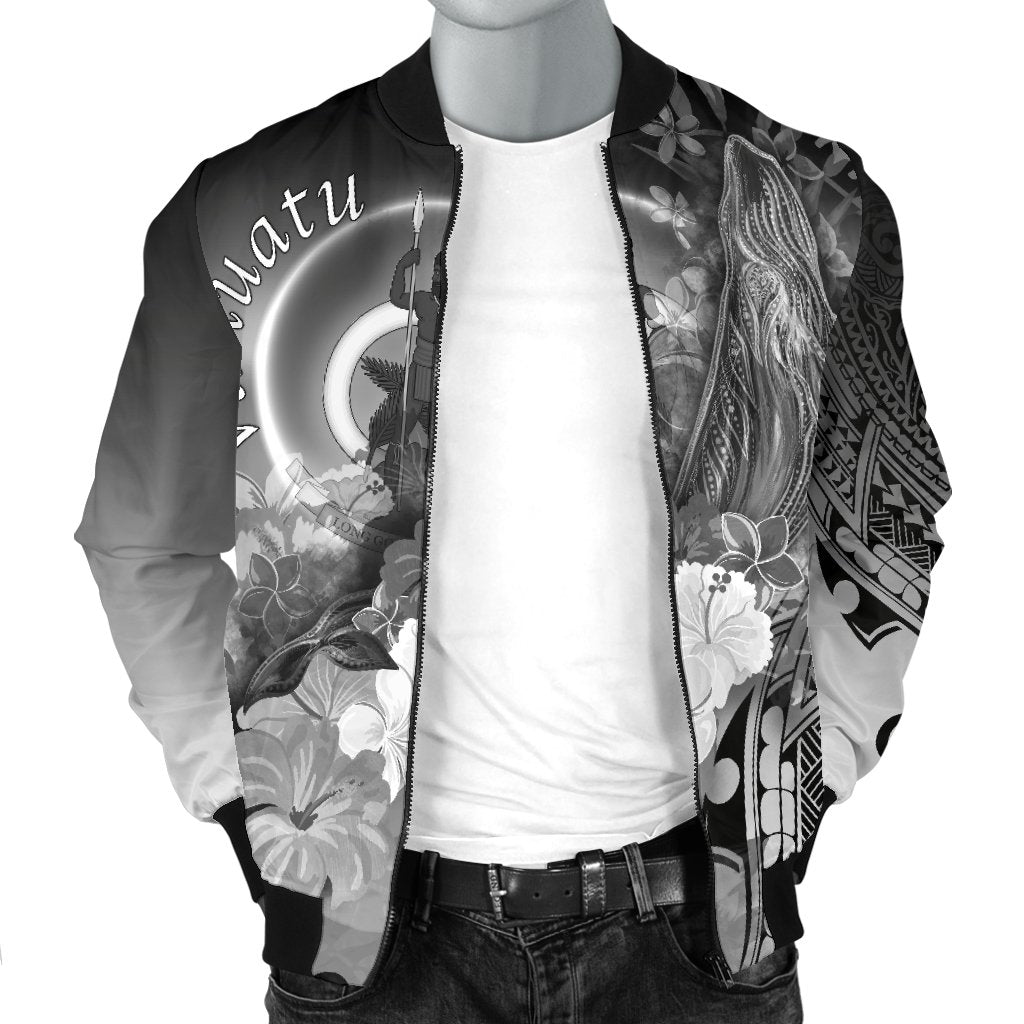 Vanuatu Men's Bomber Jacket - Humpback Whale with Tropical Flowers (White) - Polynesian Pride