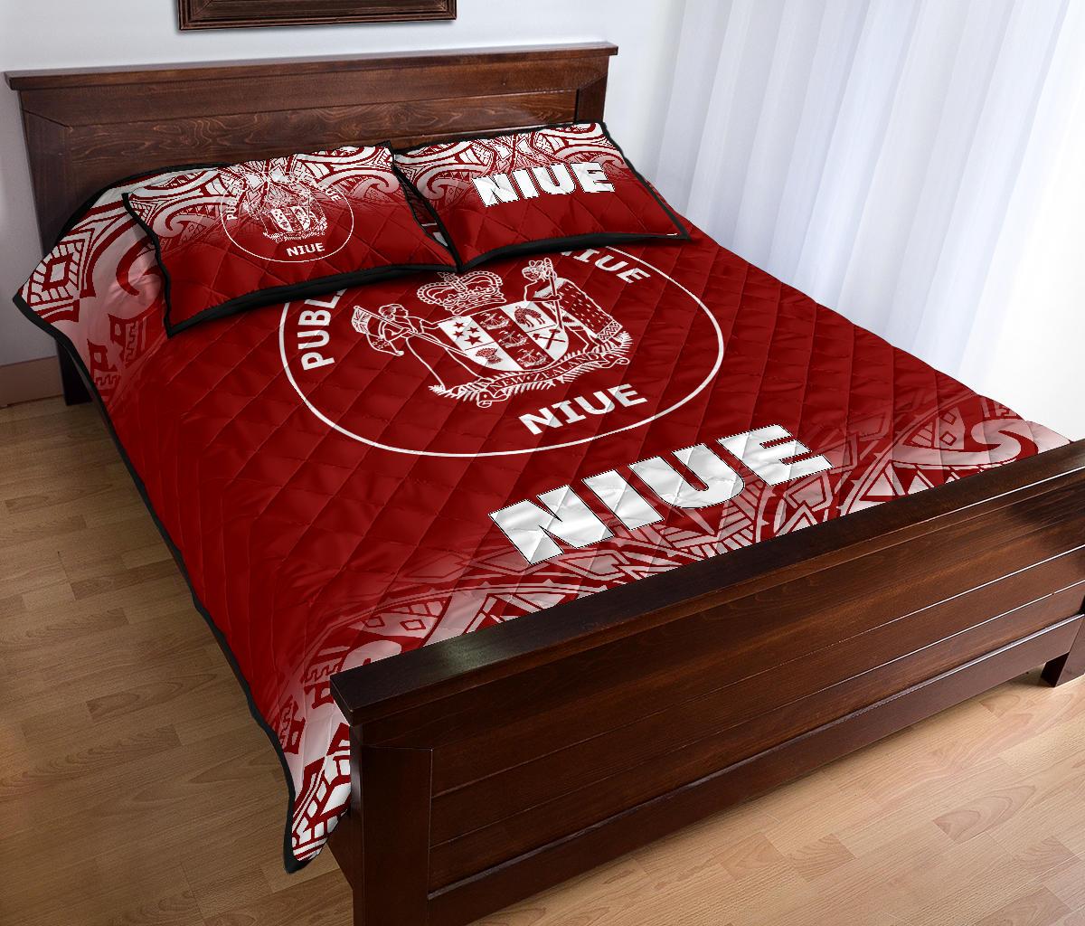 Niue Quilt Bed Set - Niue Coat Of Arms Polynesian Tattoo Fog Red Style - Polynesian Pride