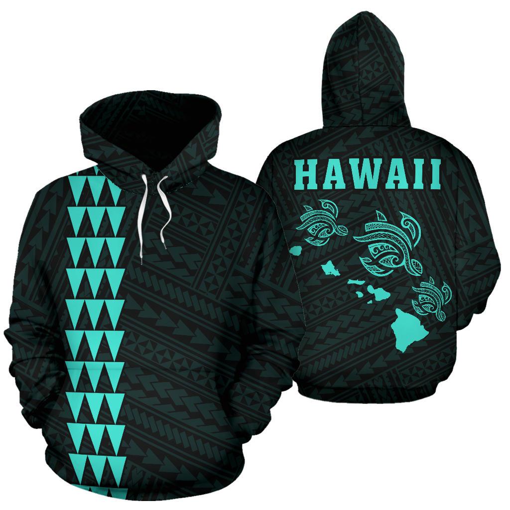 Polynesian Kakau Three Turtle Map of Hawaii Hoodie Turquoise Unisex Turquosie - Polynesian Pride