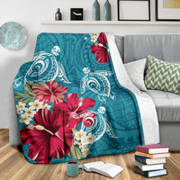 Hawaii Turtle Hibiscus Plumeria Blue Polynesian - Premium Blanket AH - Polynesian Pride