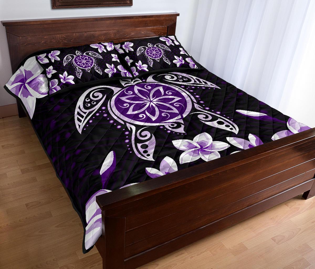 Hawaiian Violet Turtle Plumeria Quilt Bed Set - Polynesian Pride