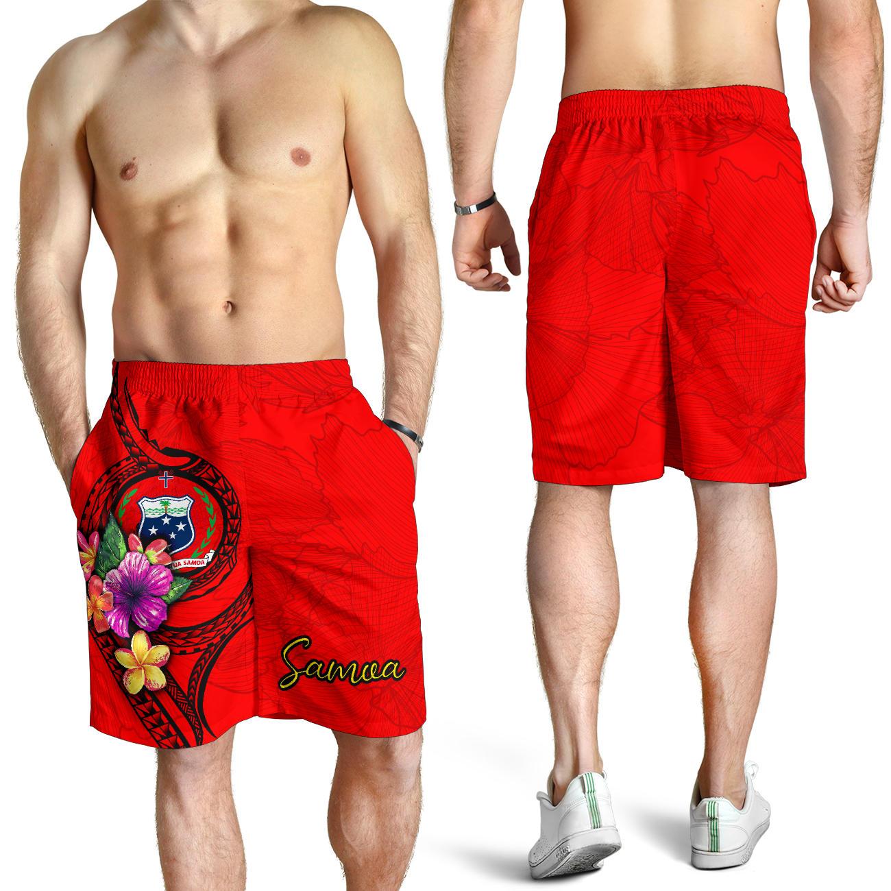 Samoa Polynesian Men's Shorts - Floral With Seal Red Red - Polynesian Pride