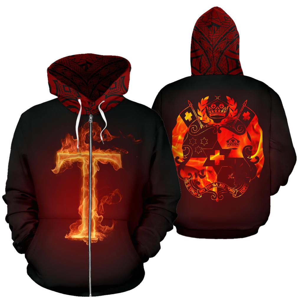 Tonga All Over Zip up Hoodie Polynesian Fire Style Unisex Black - Polynesian Pride