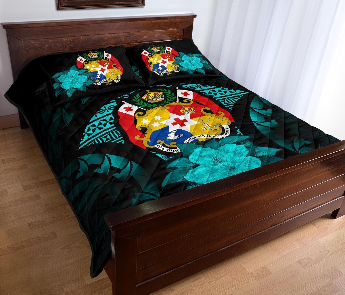 Tonga Polynesian Quilt Bed Set Hibiscus Turquoise - Polynesian Pride