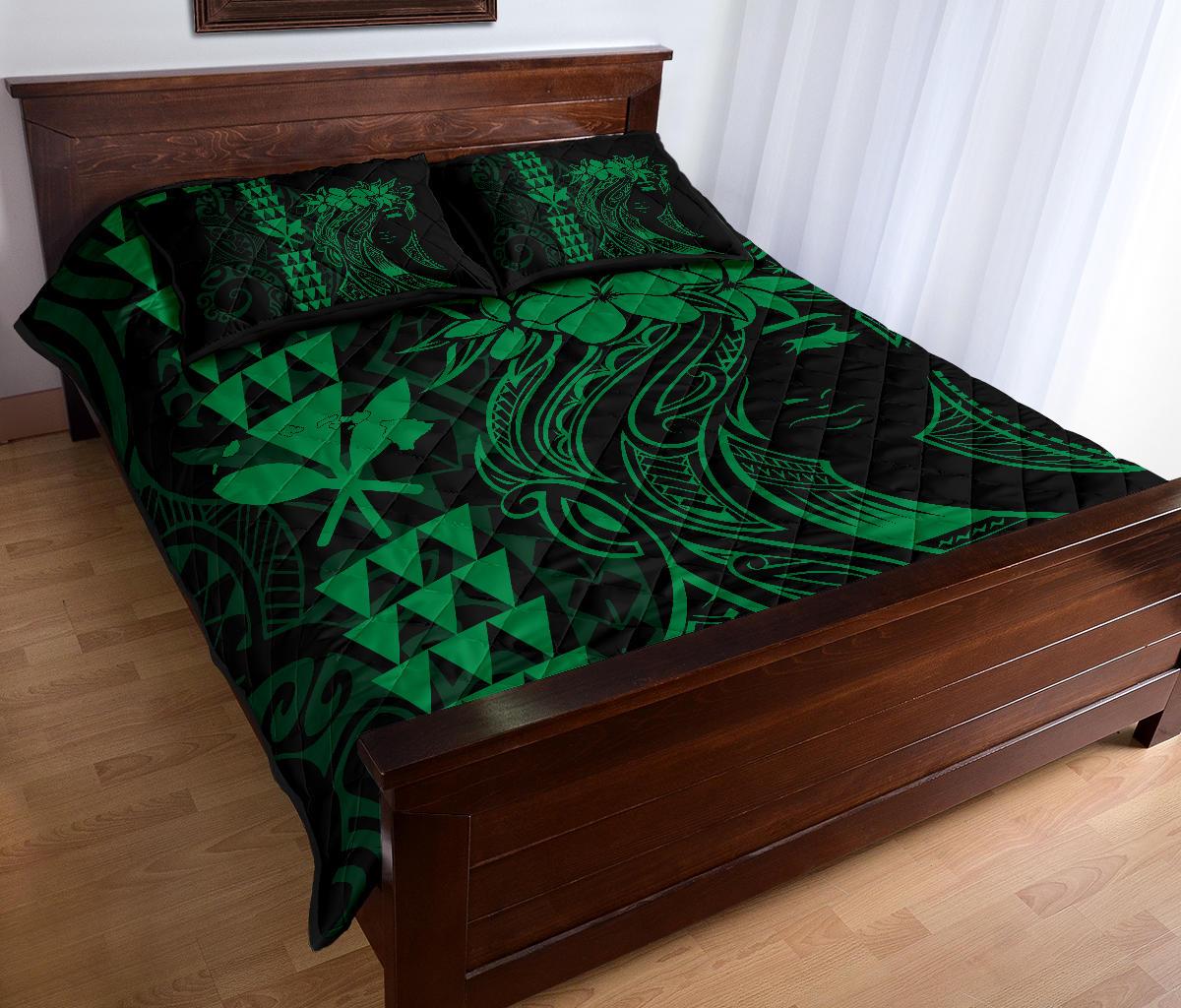 Hawaii Map Kanaka Polynesian Hula Girl Quilt Bed Set - Green - Polynesian Pride