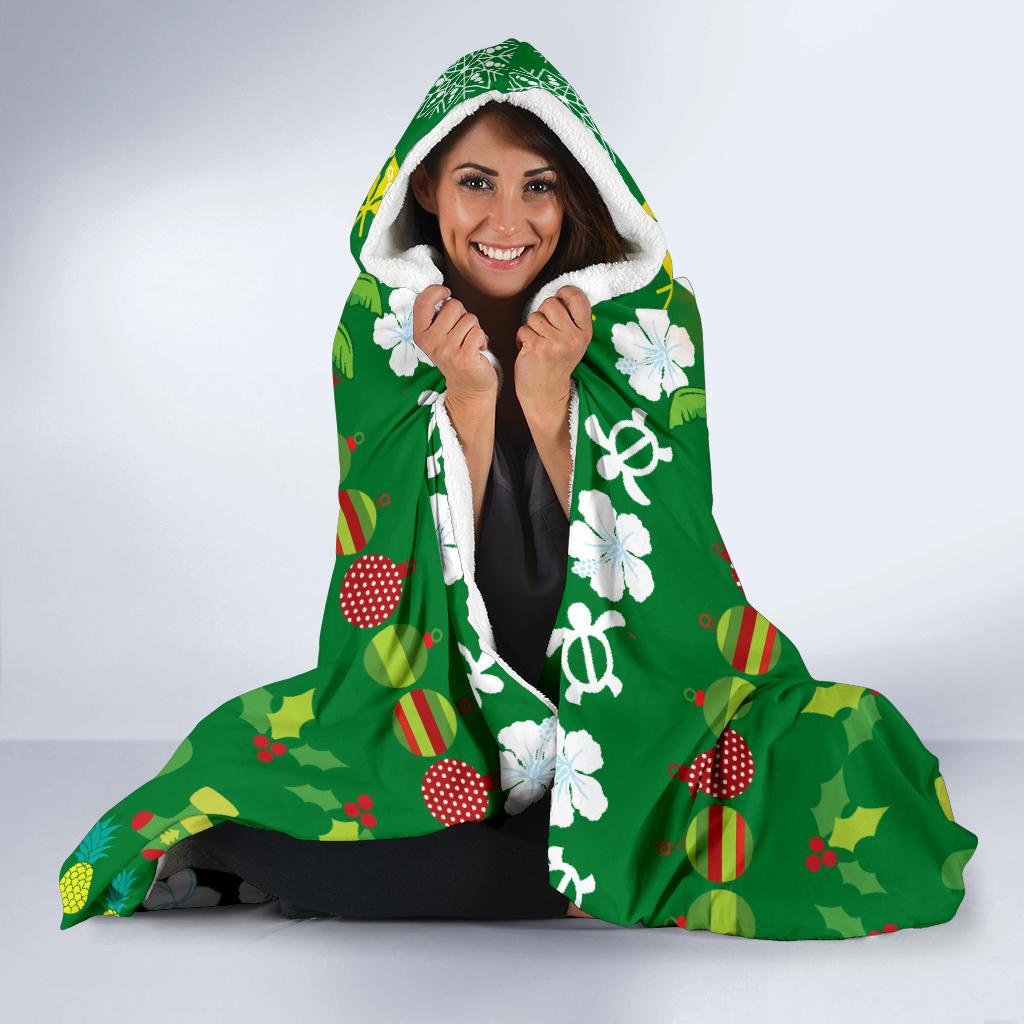 Hawaiian Mele Kalikimaka Santa Claus Pattern Christmas Hooded Blanket - Green - Labo Style - AH - Polynesian Pride