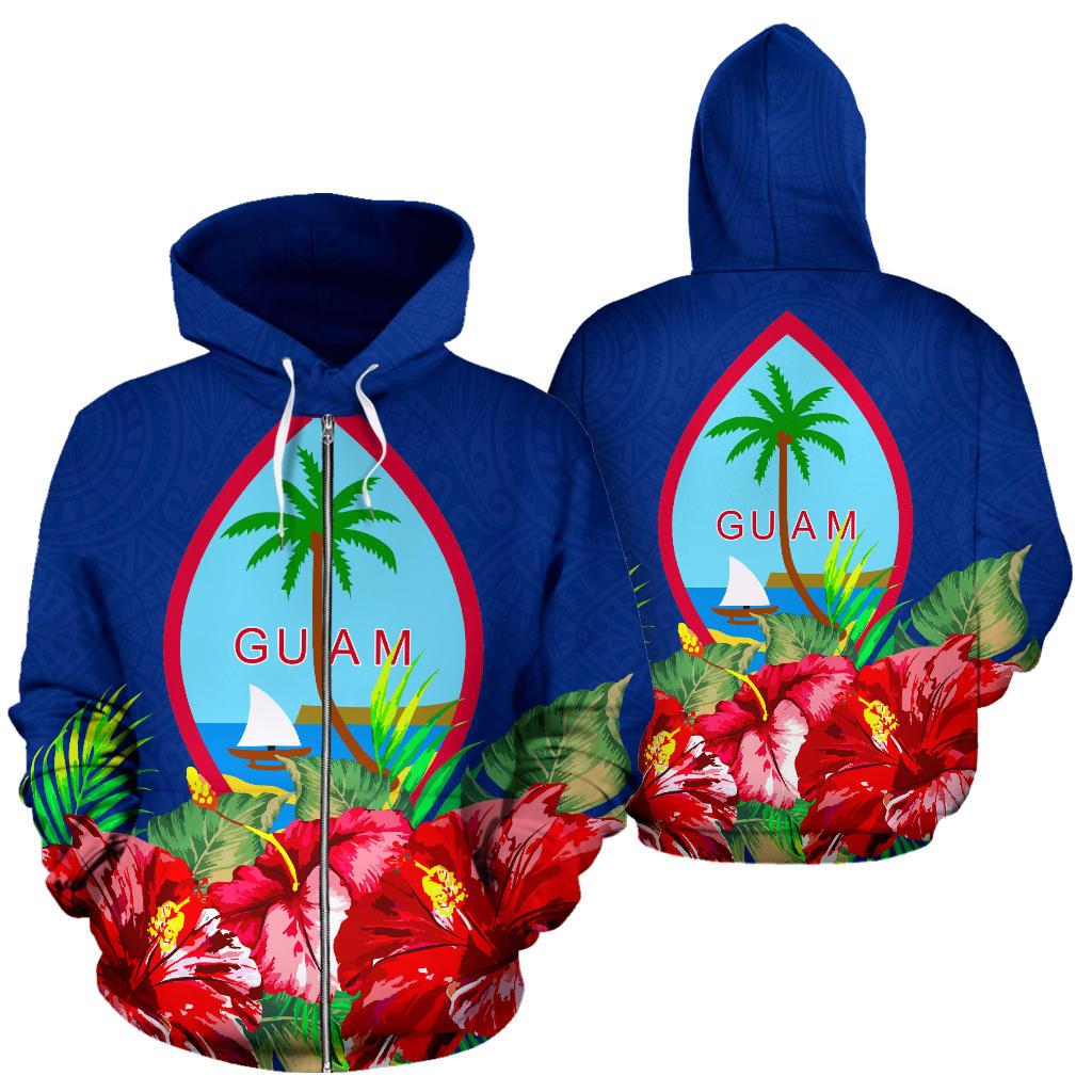 Guam Polynesian Zip Hoodie Flag Hibiscus Unisex Blue - Polynesian Pride