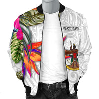 Vanuatu Men's Bomber Jacket Polynesian Hibiscus White Pattern - Polynesian Pride