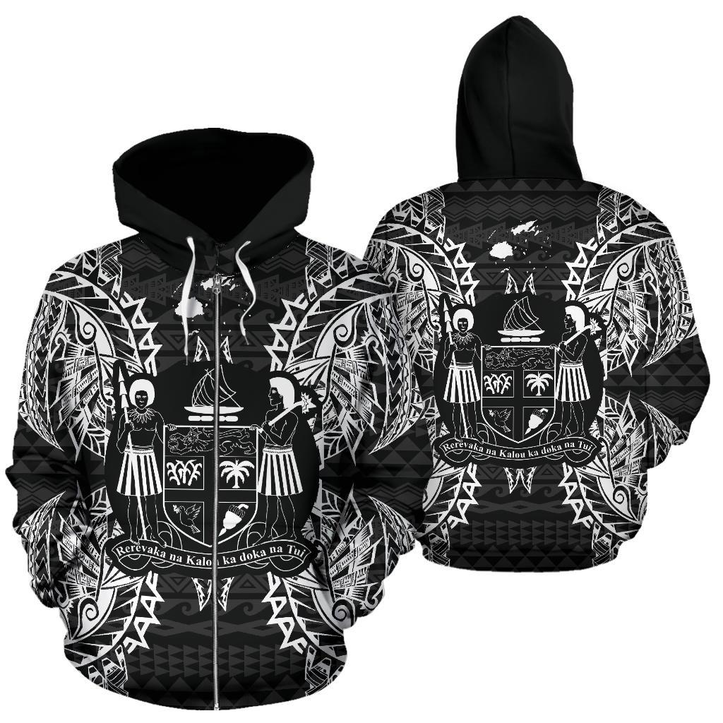 Fiji Polynesian All Over Zip up Hoodie Map Black Unisex Black - Polynesian Pride