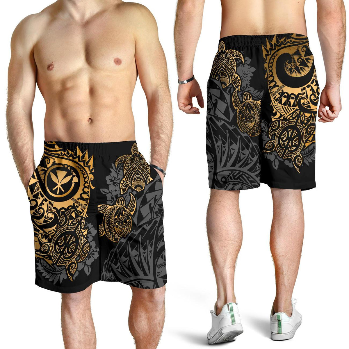 Polynesian Hawaii (Kanaka Maoli) Men's Short - Gold Turtle Hibiscus Flowing - Polynesian Pride