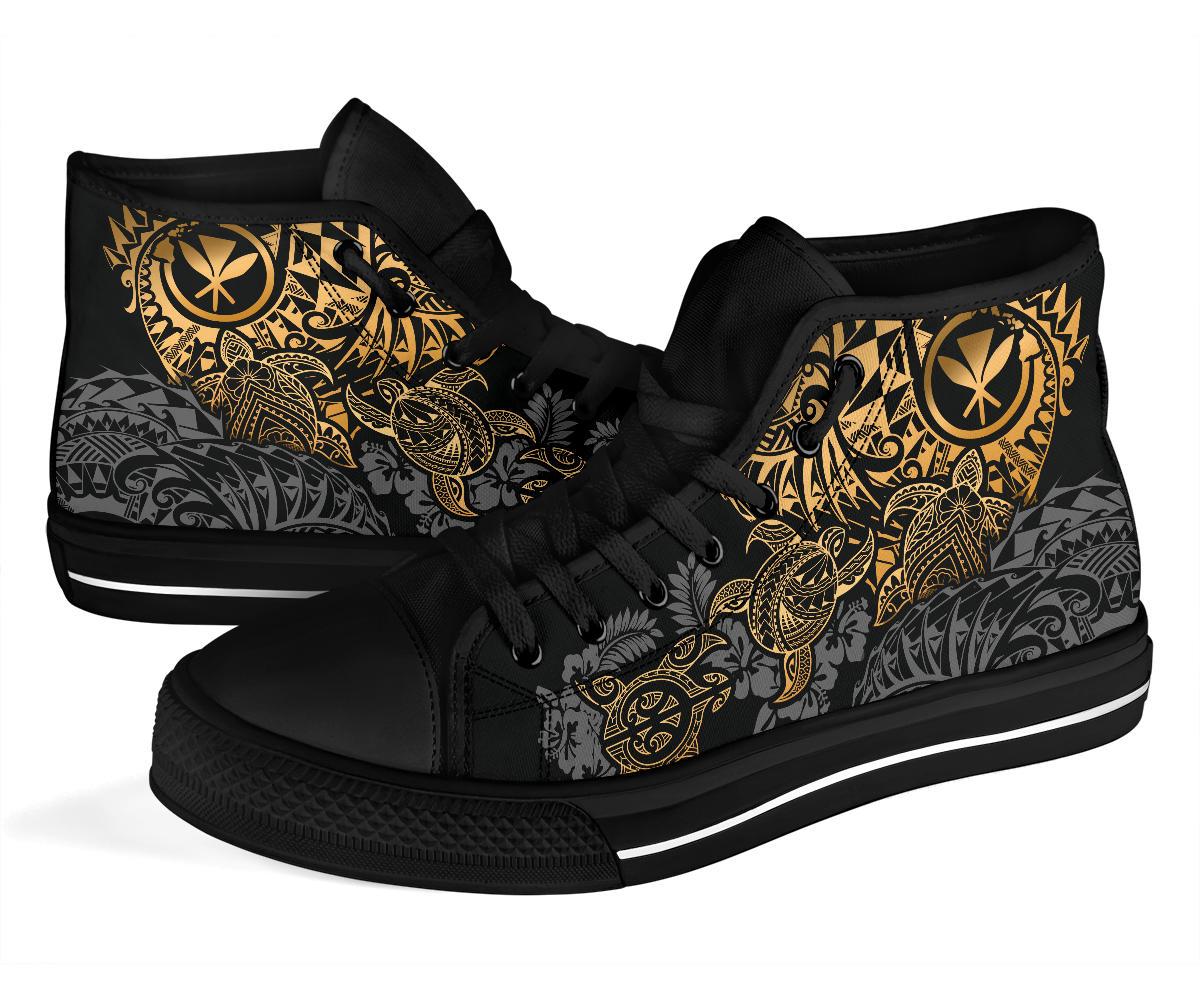 Polynesian Hawaii (Kanaka Maoli) High Top Shoes - Gold Hibiscus Turtle Flowing - Polynesian Pride