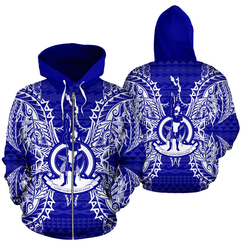 Vanuatu Polynesian All Over Zip up Hoodie Map Blue Unisex Blue - Polynesian Pride
