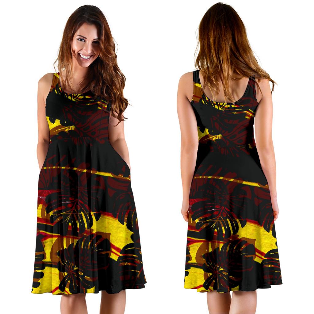 Polynesian Midi Dress - Gold Red Monstera Leave - Polynesian Pride