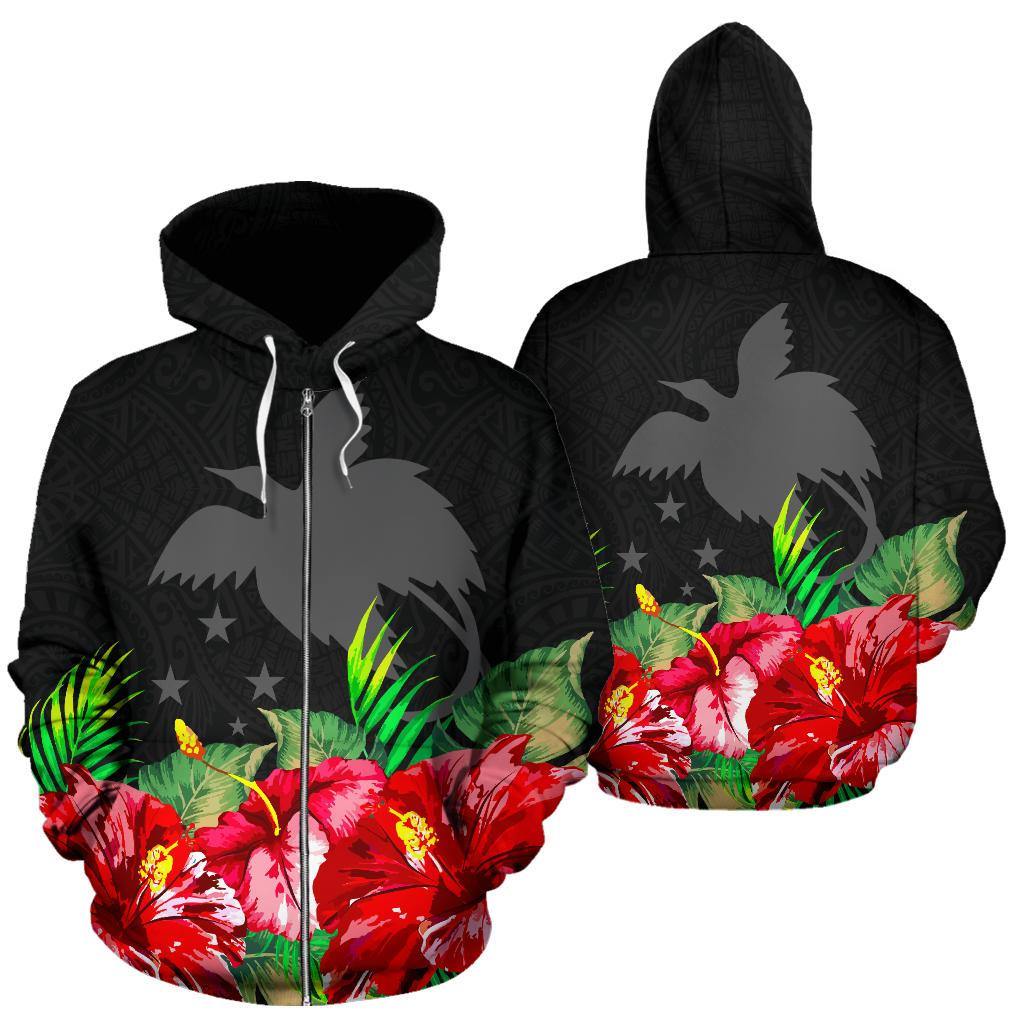 Papua New Guinea Polynesian Zip Hoodie Black Hibiscus Unisex Black - Polynesian Pride