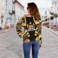 Fiji Women's Off Shoulder Sweater - Polynesian Tattoo Gold - Polynesian Pride