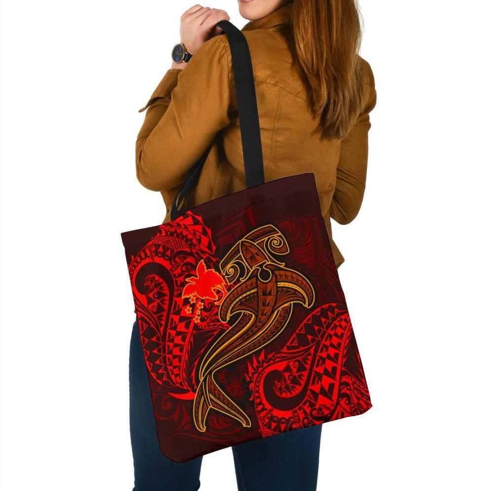 Papua New Guinea Tote Bags - Red Shark Polynesian Tattoo Tote Bag One Size Red - Polynesian Pride