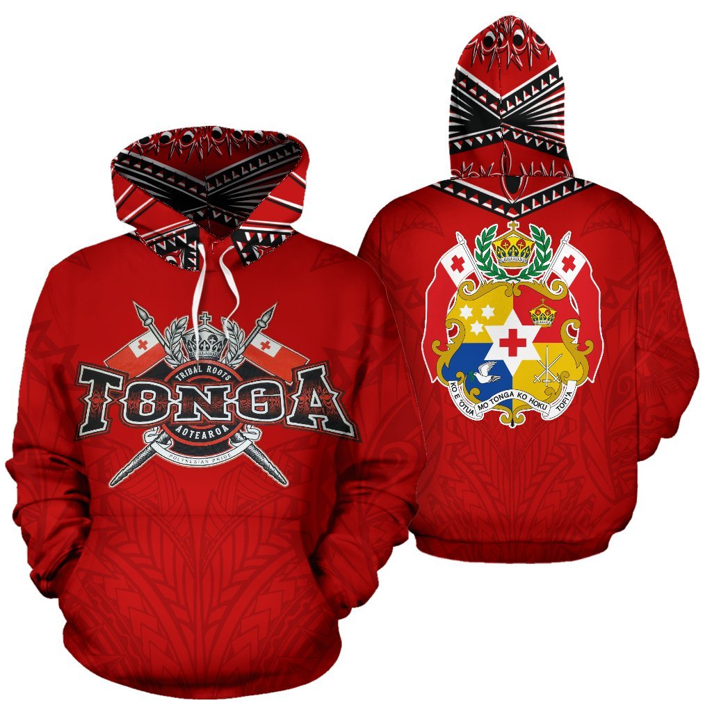 Tonga All Over Hoodie Tonga Flag COat of Arms Tribal Roots Red Unisex Red - Polynesian Pride