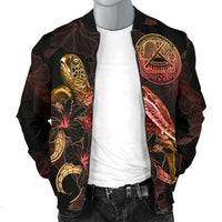 American Samoa Polynesian Men's Bomber Jacket - Turtle With Blooming Hibiscus Gold - Polynesian Pride