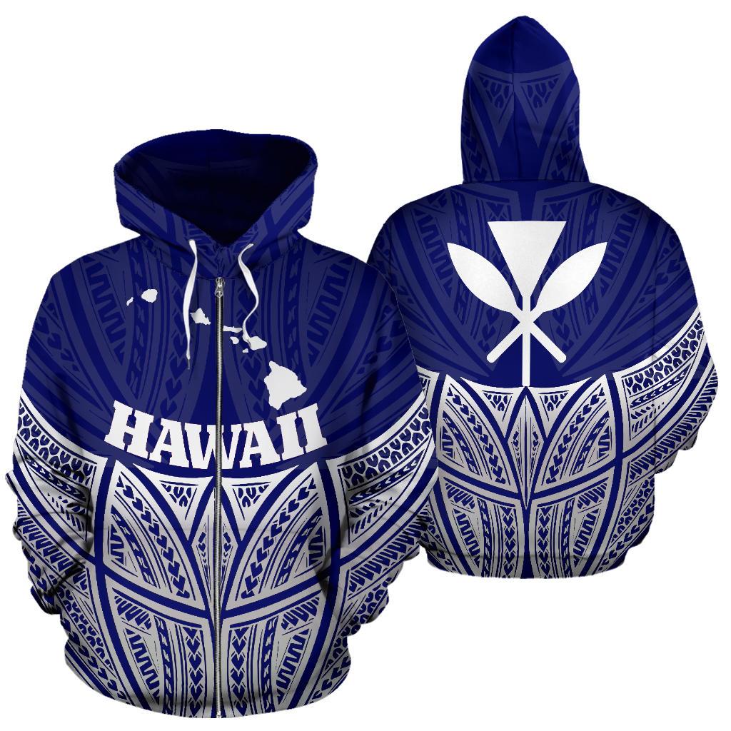 Hawaii Polynesian Zip up Hoodie Blue Pride Map and Seal Unisex Blue - Polynesian Pride