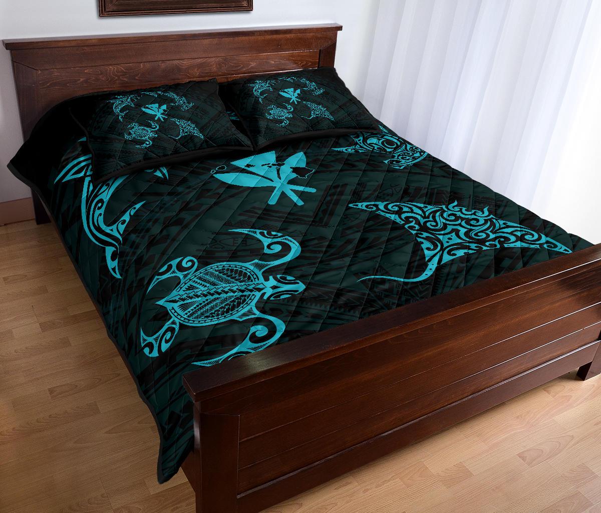 Hawaii Map Kanaka Polynesian Quilt Bed Set Circle Underwater Blue - Polynesian Pride
