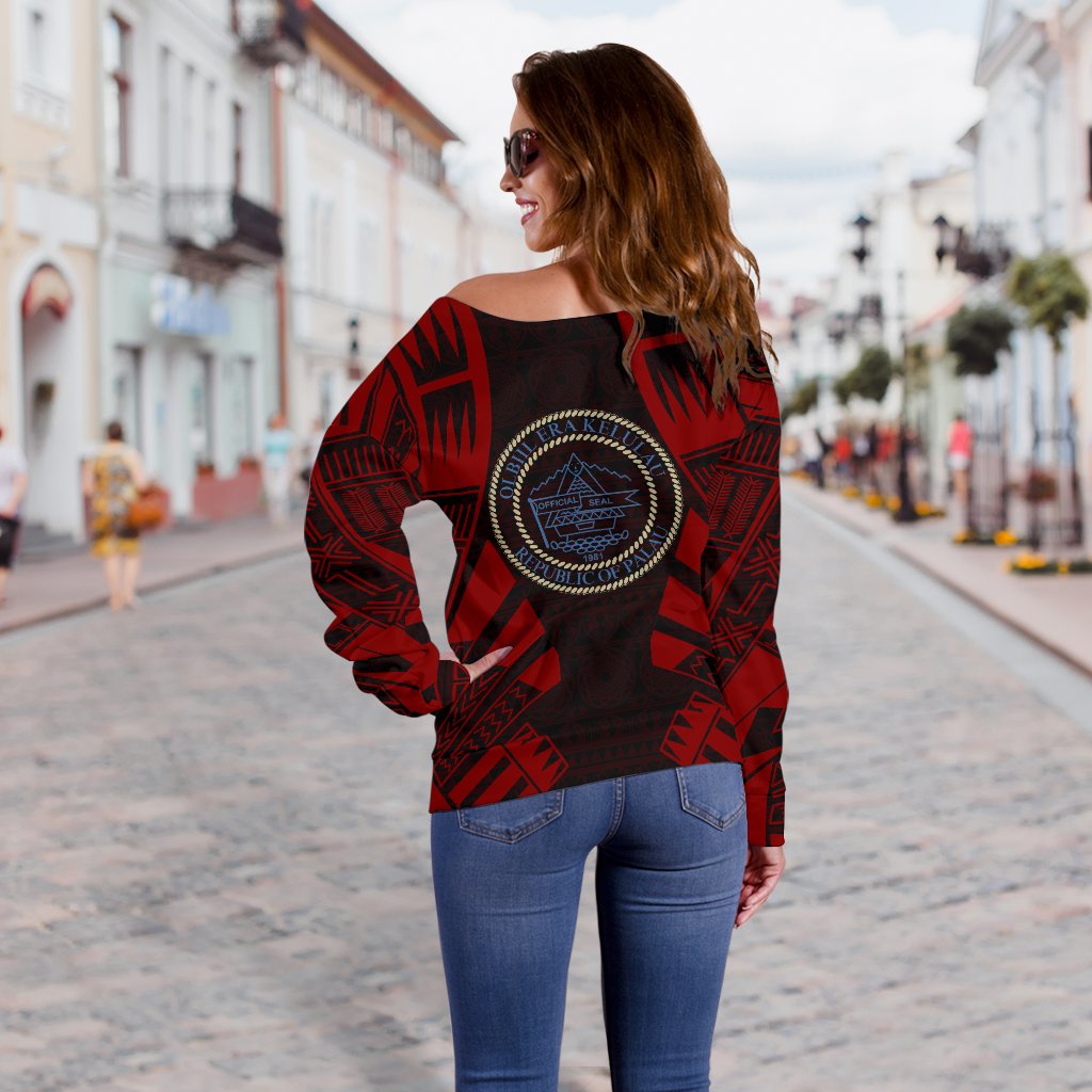 Palau Women's Off Shoulder Sweater - Polynesian Tattoo Red - Polynesian Pride