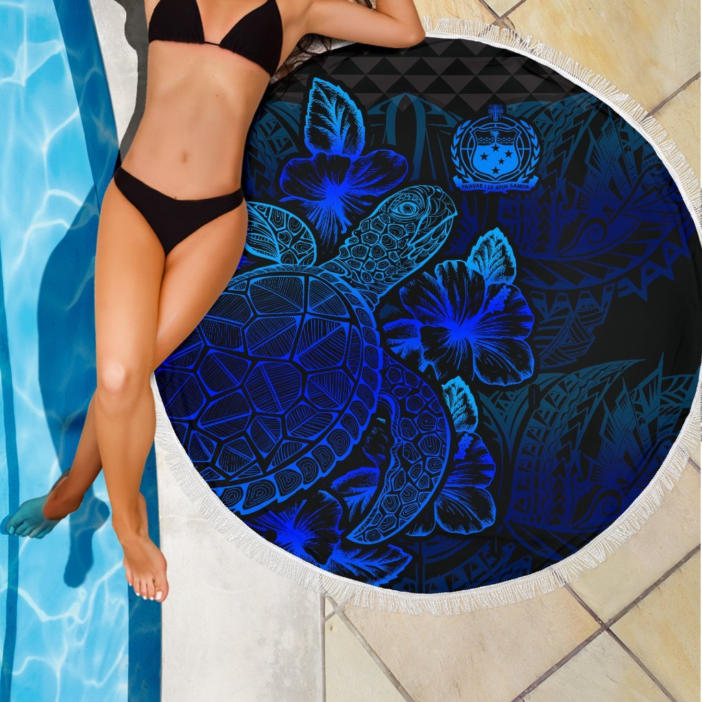 Samoa Polynesia Beach Blanket Turtle Hibiscus Blue - Polynesian Pride