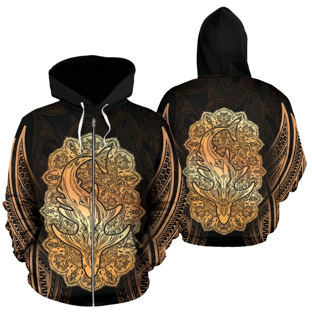 Wild Shark Polynesian Zip up Hoodie Unisex Gold - Polynesian Pride