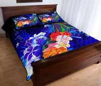 Cook Islands Quilt Bed Set - Humpback Whale with Tropical Flowers (Blue) - Polynesian Pride