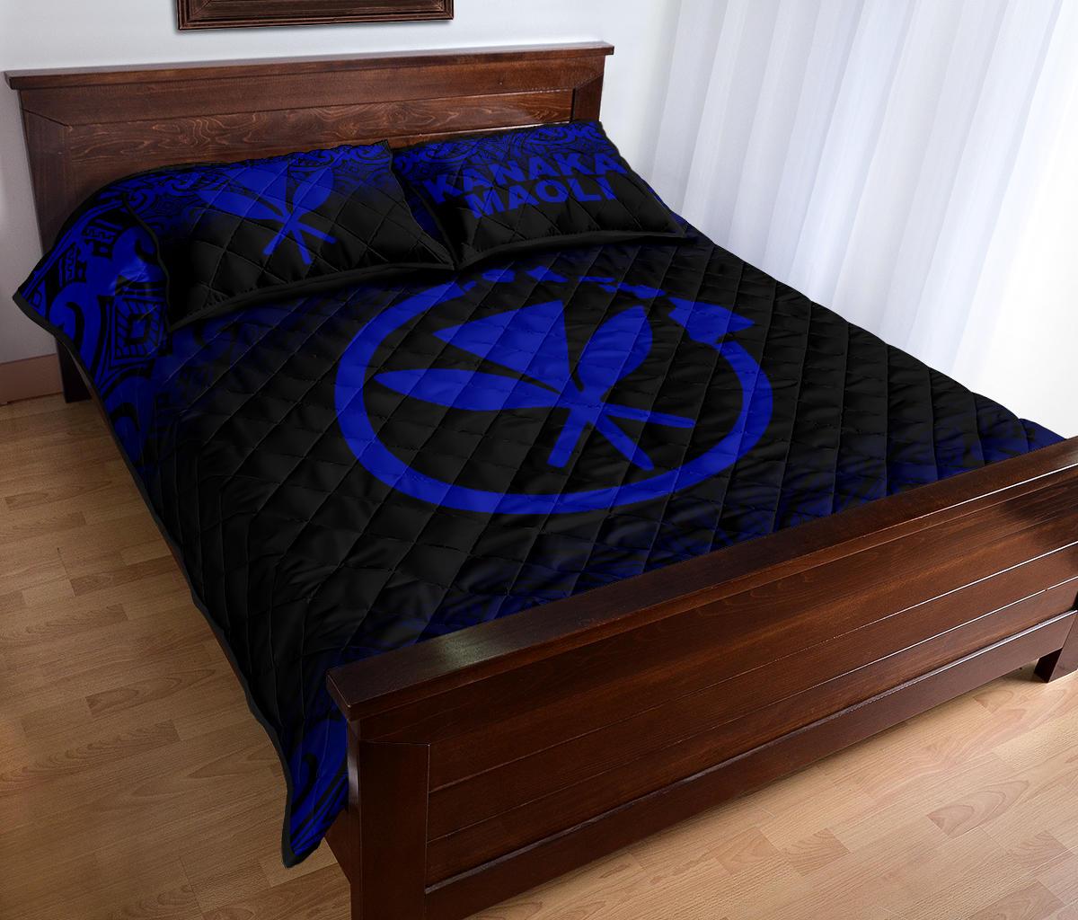 Hawaii Quilt Bed Set - Kanaka Maoli Polynesian Tattoo Black Fog Style Blue Version - Polynesian Pride