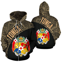 Tonga Zip up Hoodie Tonga Coat of Arms Polynesian Tattoo Gold Unisex Black - Polynesian Pride