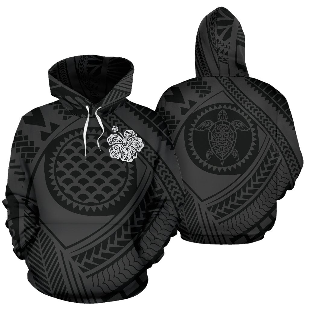 Polynesian Hawaii All Over Hoodie Hibiscus Turtle Tattoo BN10 Unisex Black - Polynesian Pride