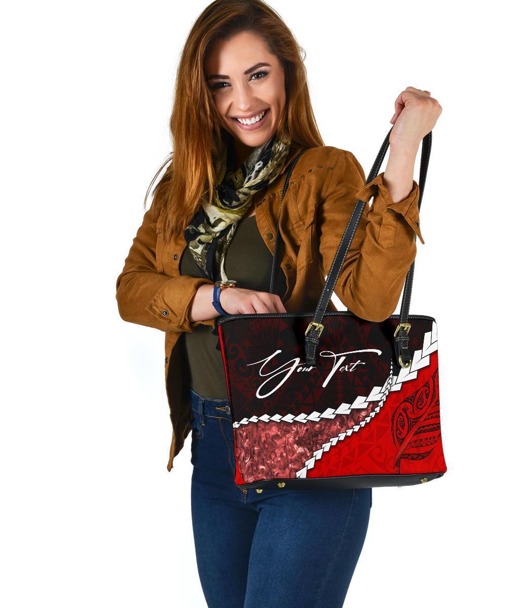 (Signature Custom) Paua Shell, Maori Silver Fern Leather Tote Bag, Red - Polynesian Pride