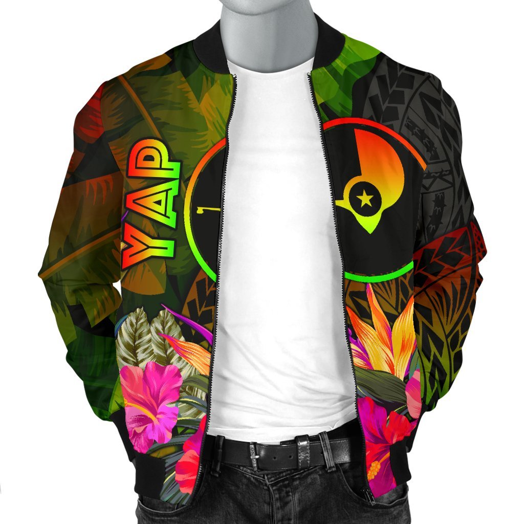 YAP Polynesian Men's Bomber Jacket- Hibiscus and Banana Leaves - Polynesian Pride